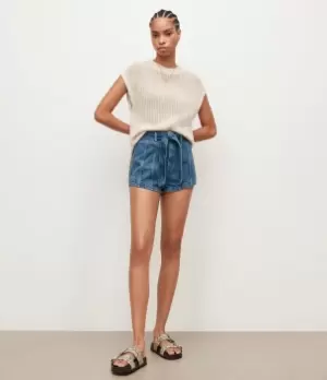Image of AllSaints Womens Frankie High-Rise Denim Shorts, Mid Indigo, Size: 27