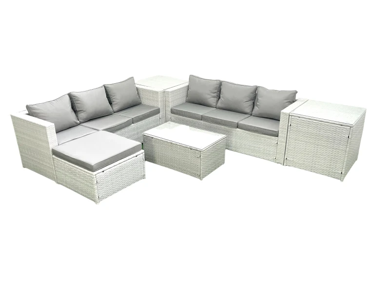 Image of Fimous Garden Outdoor PE Rattan Furniture Set 7 Seater Rattan Garden Sofa Set with Big Footstool 2 Side Tables Light Grey Mixed Light Grey