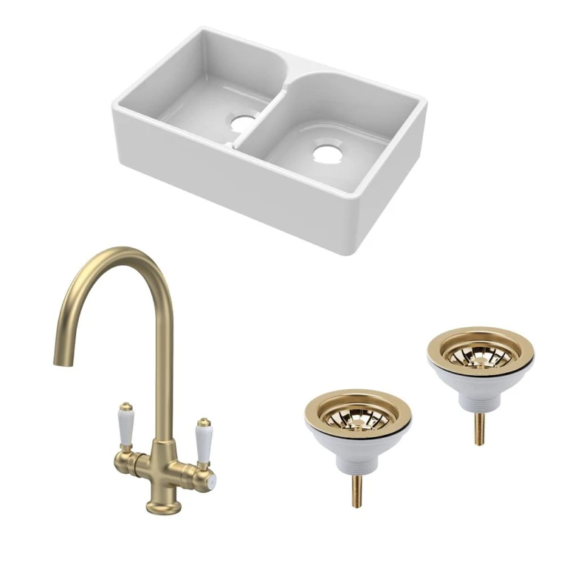 Image of BALTERLEY Balterley - Fireclay Kitchen Bundle - Double Bowl Stepped Weir Butler Sink, Wastes & Mono Lever Tap, 795mm - Brushed Brass BKS213WT12