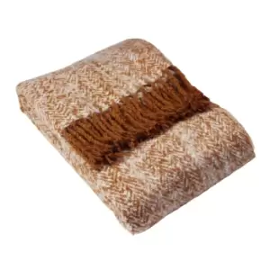 Image of Furn. Weaver Throw Herringbone Design Fringed Edges Acrylic Gold
