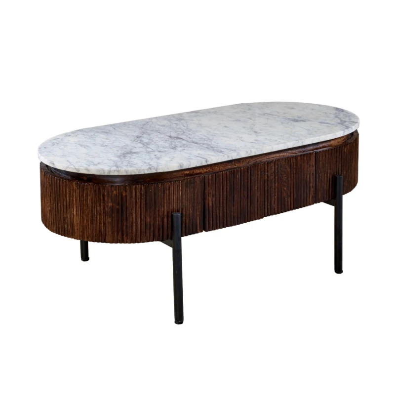 Image of Indian Hub Opal Mango Wood Rectangular Fluted Coffee Table With Marble Top & Metal Legs