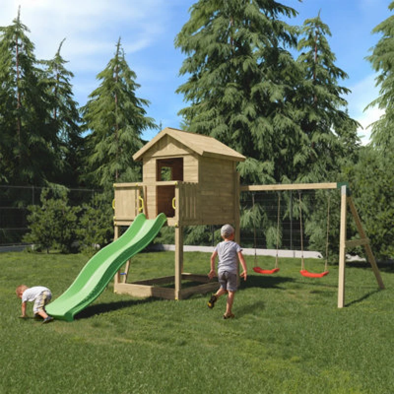 Image of Shire Galaxy Play Equipment With Double Swings, Slide And Raised Playhouse