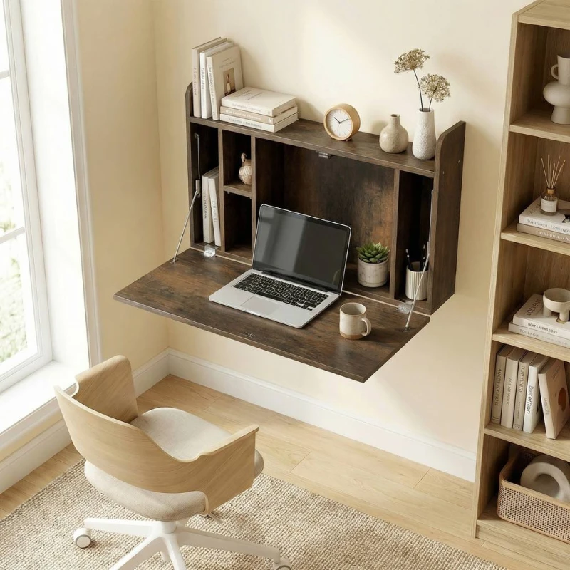 Image of HOMCOM Wall Mounted Table w/ Space Saving Storage Compartments in Dark Brown Dark Brown Unisex