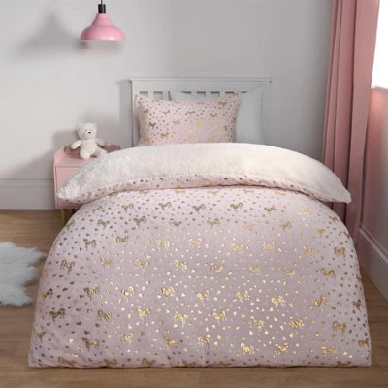 Image of OHS OHS Unicorn Duvet Cover Fleece Heart Warm Quilt Reversible Soft Metallic Bedding Set in Pink Size: Double Pink Double Unisex 5027434190188