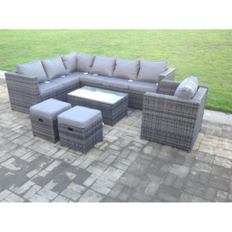 Image of Fimous Rattan Garden Furniture Corner Sofa Set Oblong Coffee Table Chair Footstools Dark Grey