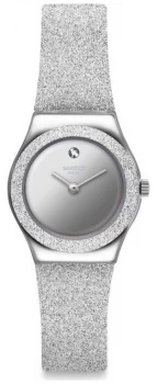 Image of Swatch SIDERAL GREY Irony Lady Silver Glitter Silicone Watch