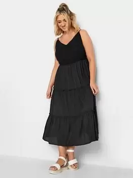 Image of Yours Embroidered Strappy Tiered Midi Dress - Black, Size 26-28, Women