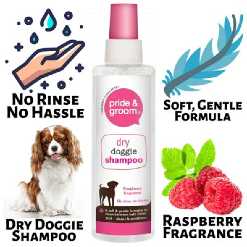 Image of Pet Pride Dry Doggie Shampoo Pride & Groom Raspberry Scented Dog Cleans & Conditions, 200Ml