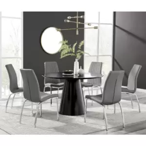 Image of Furniturebox Palma Black Semi Gloss 120cm Round Minimalist Dining Table & 6 Grey Isco Chairs