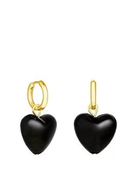 Image of Gold Black Resin Heart Huggie Hoop Earrings