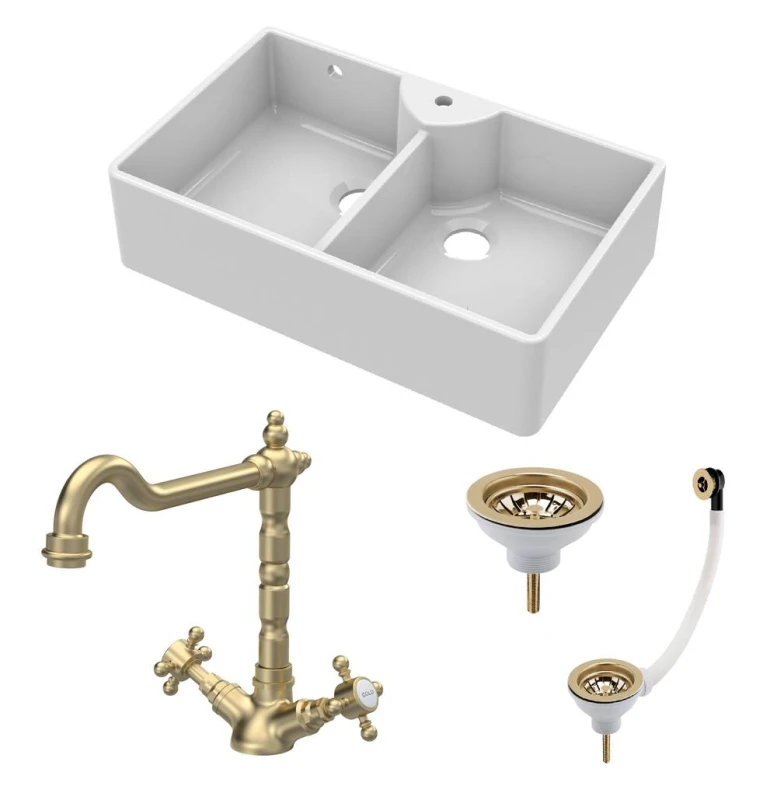 Image of Balterley Fireclay 2 Bowl 1 Tap Hole Butler Sink Wastes Tap Brushed Brass 895mm White unisex