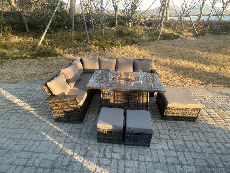 Image of Fimous High Back Rattan Garden Furniture Sets Gas Fire Pit Dining Table Left Corner Sofa Small Footstools Chair 9 Seater Dark Grey