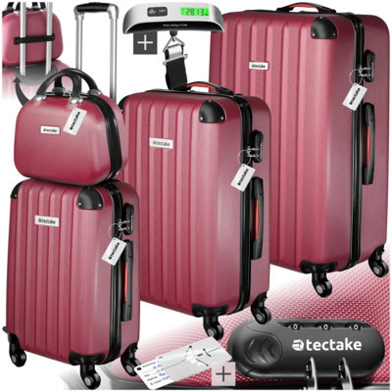 Image of Tectake Suitcase Set Cleo - 3 Suitcases, 1 Beauty Case, Including Luggage Scales And Tags - Burgundy