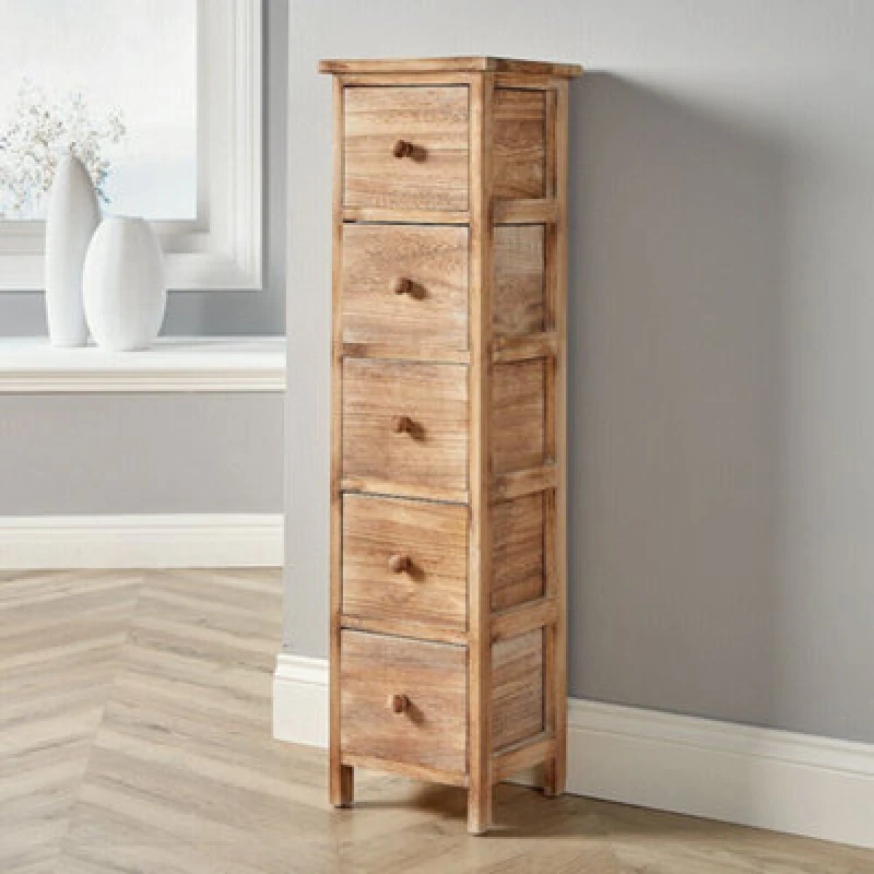 Image of Home Source Cantebury 5 Drawer Narrow Chest Bedroom Storage Unit Natural