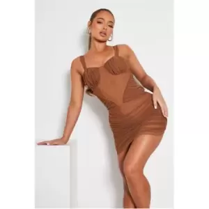 Image of I Saw It First Mesh Ruched Corset Bodycon Dress - Brown
