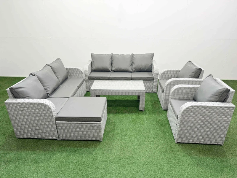 Image of Fimous PE Rattan High Back Lounge Sofa Set Patio Oblong Coffee Table & Chairs Set with 3 Seater Sofa Reclining Chair Big Footstool Light Grey Light Gr