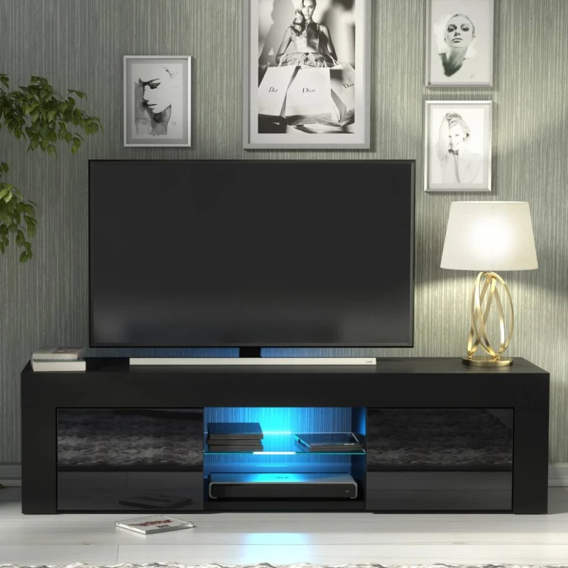 Image of Creative Furniture Loom TV Unit 130cm - Black with Gloss Doors & LED Lights Black Unisex