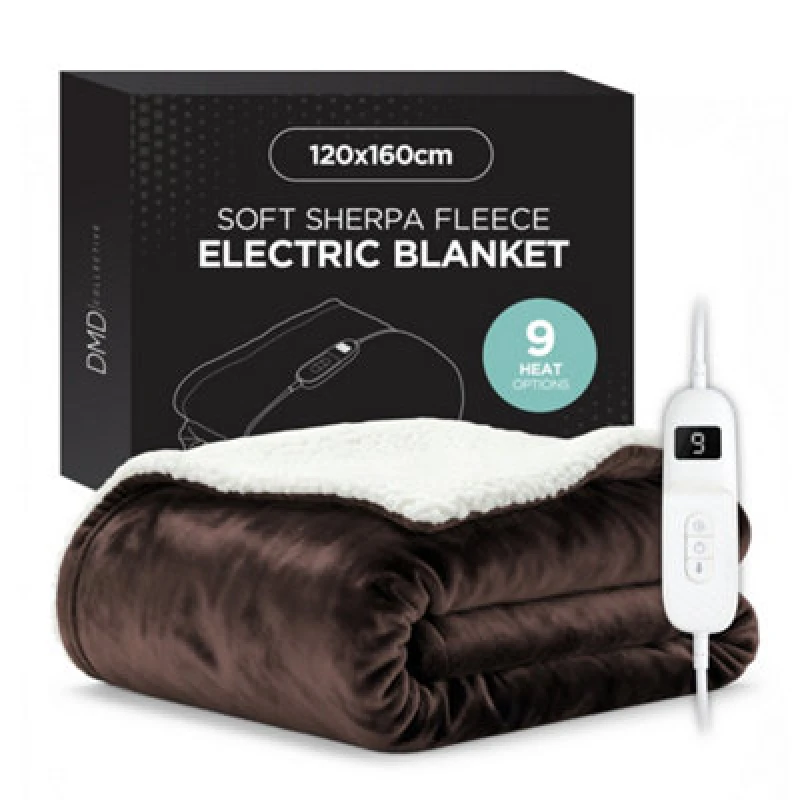 Image of DMD Collective Heated Electric Blanket Throw Fleece Sherpa 9 Heat & Timer Settings 120x160cm Machine Washable Brown
