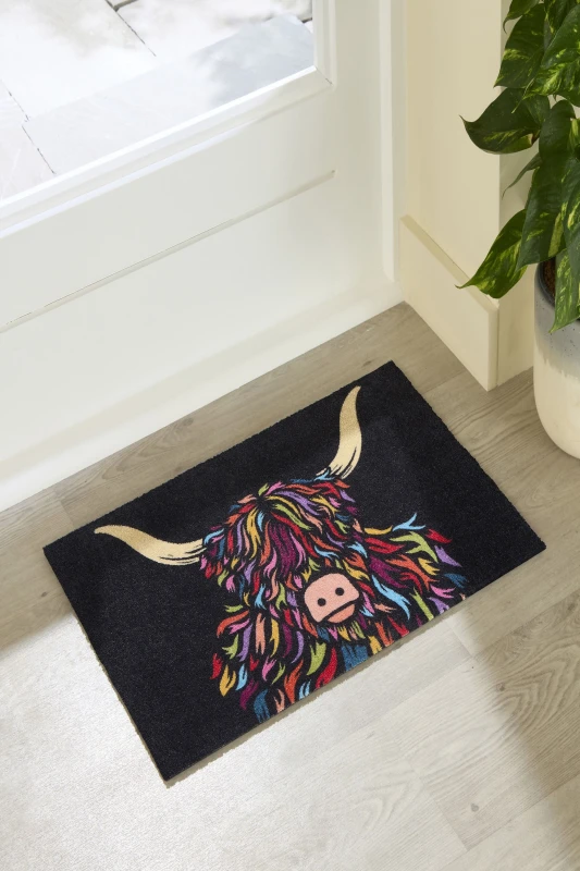 Image of Artsy Mats Highland Cow Indoor Washable Doormat in Black Size: 40cm x 60cm Black Unisex 40cm x 60 cm