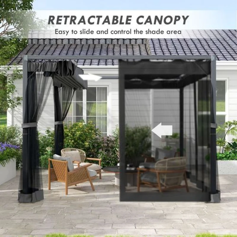 Image of Outsunny 3 X 3 M Pergola With Retractable Roof And Netting, Dark Grey 84C-482V01GY