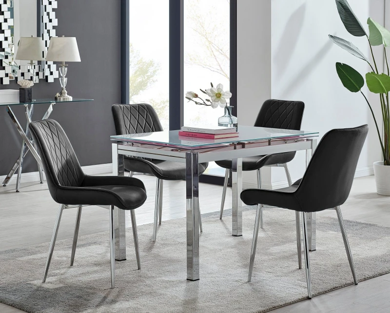 Image of FurnitureboxUK FurnitureboxUK Enna White Glass Extending 4-6 Seater Dining Table and 4 Pesaro Soft Velvet Chairs in Black One Size Unisex 505654