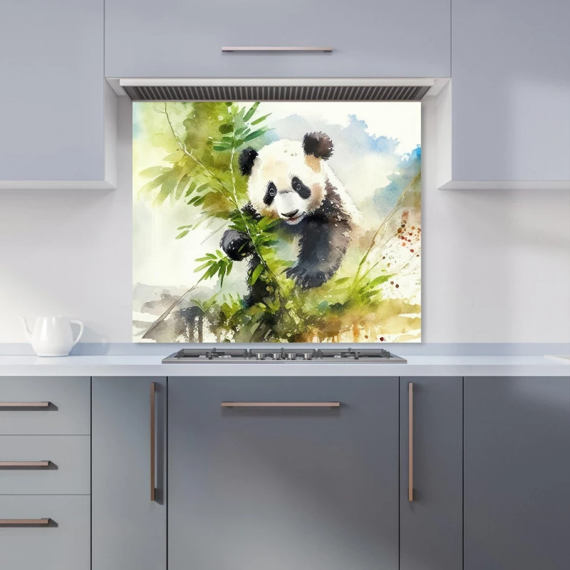 Image of Warren Reed - Designer Panda Eating Bamboo Watercolour Kitchen Splashback in Brown Size: 700mm x 650mm Brown Unisex 700mm x 650mm