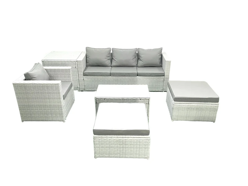 Image of Fimous 6 Pieces Rattan Garden Furniture Set Outdoor Garden Sofa Chair Coffee Table Set with Side Table 2 Big Footstools Light Grey Mixed Light Grey