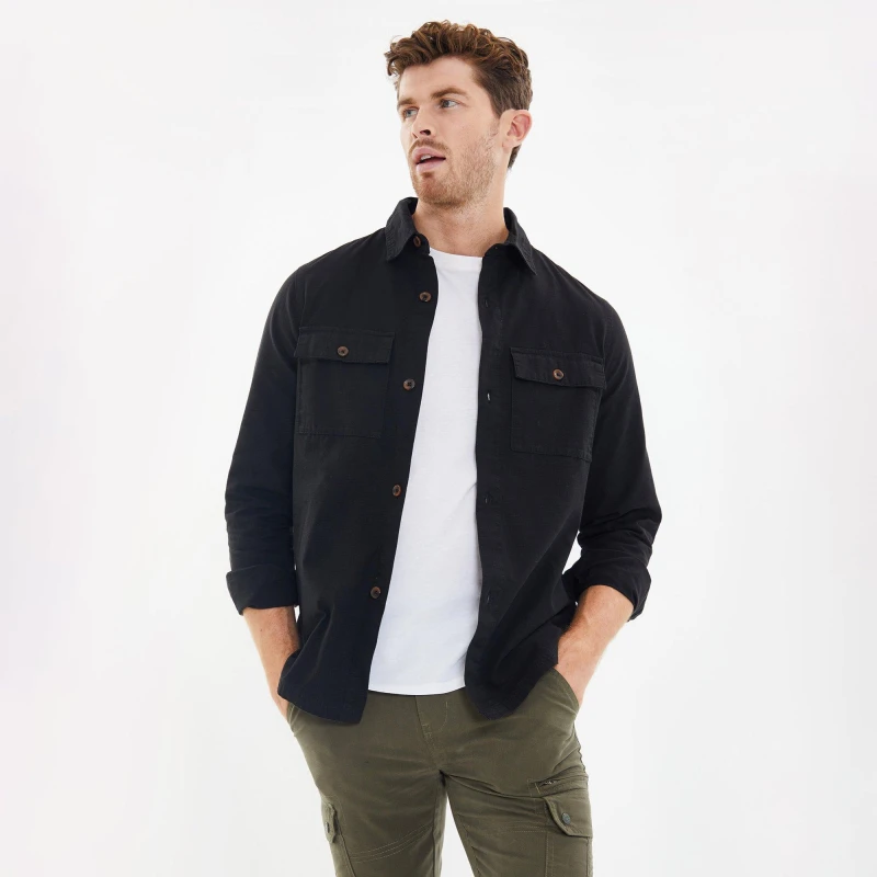 Image of Threadbare Threadbare Men 'Ministry' Lightweight Cotton Shacket in Black Size: large Black L Male 7625914224293