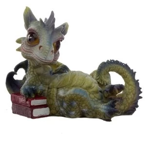 Image of Green Baby Dragon Lying with Books Figurine