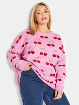 Image of Yours Cherry Jacquard Jumper Pink, Size 14-16, Women