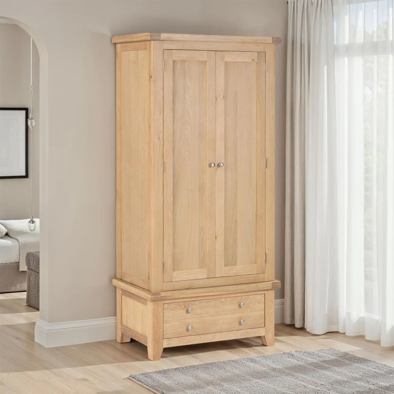 Image of Seconique Windsor 2 Door 1 Drawer Wardrobe Real Natural Oak Part Assembled