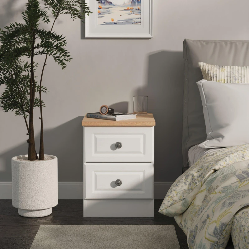 Image of Welcome Furniture Ready Assembled Norfolk 2 Drawer Bedside Cabinet In White Ash & Bardolino Oak, White NOR005WABO