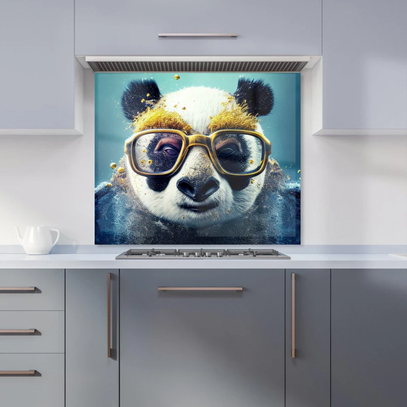 Image of Warren Reed - Designer Panda With Golden Glasses Splashart Kitchen Splashback in Yellow Size: 600mm x 750mm Yellow Unisex 600mm x 750mm