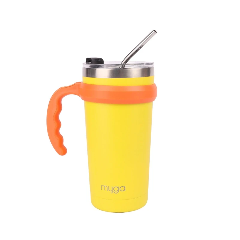 Image of Myga Insulated Cup with Straw, Flip Top Lid & Handle -590ml in Yellow Yellow Unisex