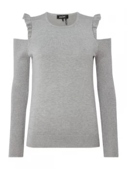 Image of DKNY Crew neck cold shoulder ruffle jumper Grey