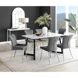 Image of Furniture Box Carson White Marble Effect Dining Table and 6 Dark Grey Nora Silver Leg Chairs