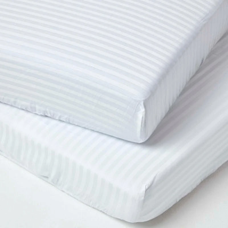 Image of HOMESCAPES White Cotton Stripe Cot Bed Fitted Sheets 330 Thread Count, 2 Pack - White - White - Homescapes BL1718A