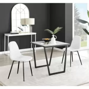Image of Furniturebox UK - Furniturebox Carson White Marble Effect Square Dining Table & 2 White Corona Faux Leather Dining Chairs with Black Legs Diamond