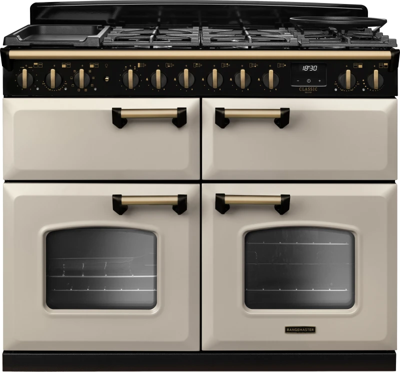 Image of Rangemaster Classic Deluxe 110 CLDLB110DFPPCR/AB1 110cm wide Dual Fuel Range Cooker with Gas Hob - Pale Cream / Antique Brass - A/A/A Rated