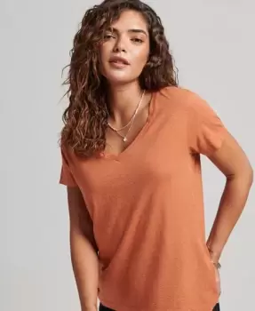 Image of Superdry Womens Slub Jersey V-Neck T-Shirt Orange / Tabasco Marl - Size: 8