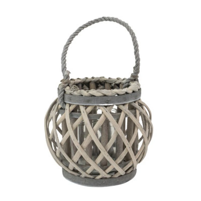 Image of Jvl Luna Natural Round Willow Wood Lantern With Braided Rope Handle - Grey White Washed, Set Of 2