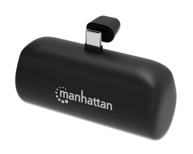 Image of Manhattan Manhattan Power Bank with integrated USB-C plug, 5000 mAh, Up to 20W output, Kickstand for Use as Charging Phone Holder, Black, One Year War
