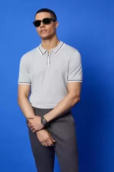 Image of Mens Grey Tipped Knitted Polo Shirt