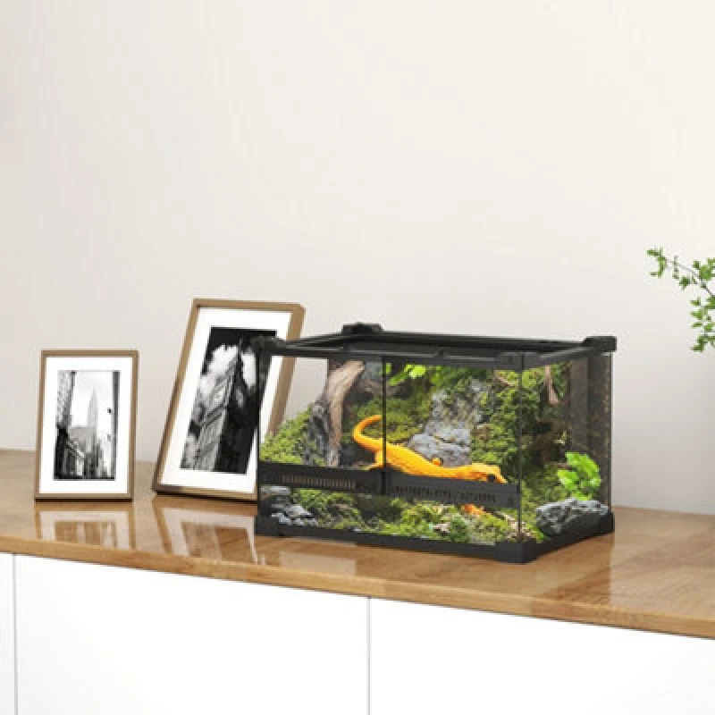 Image of PawHut 10L Glass Terrarium, Reptile Vivarium with Stone Background, Black D40-052V10BK