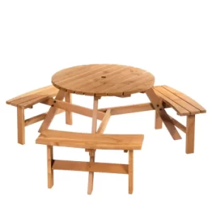 Image of Outsunny Round Table W/3 Attached Benches-Fir Wood