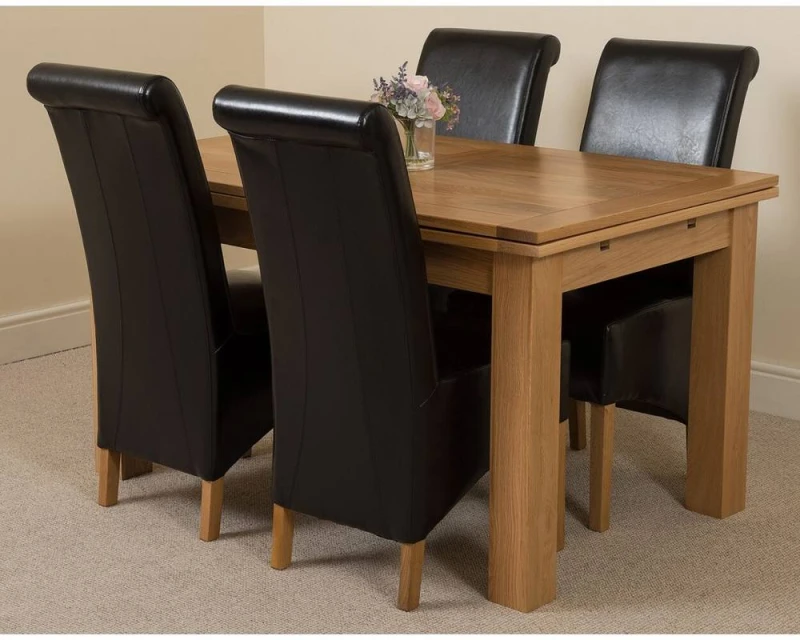 Image of Thats Furniture Richmond 140-220cm Oak Extending Dining Table + 4 Montana Leather Chairs in Black Unisex