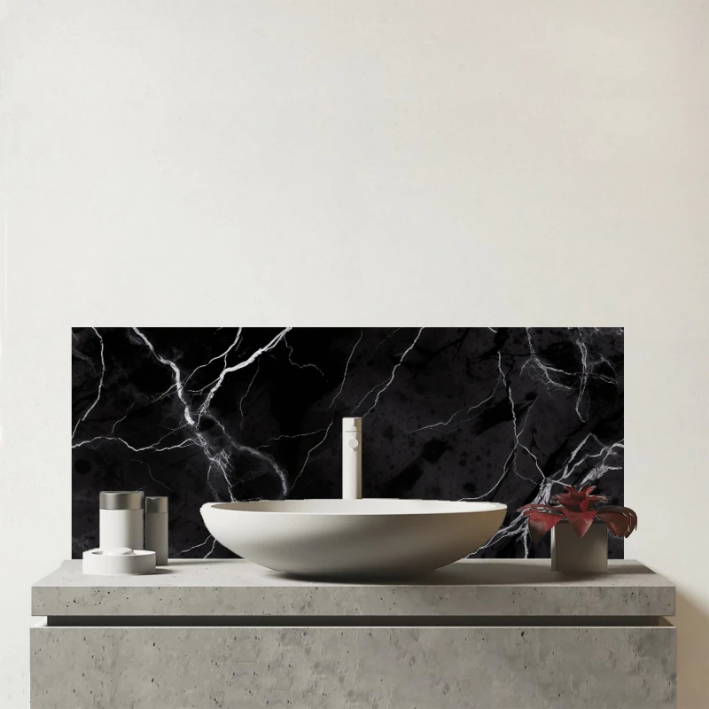 Image of Warren Reed - Designer Black Marble Pattern Glass Bathroom Splashback Black Unisex