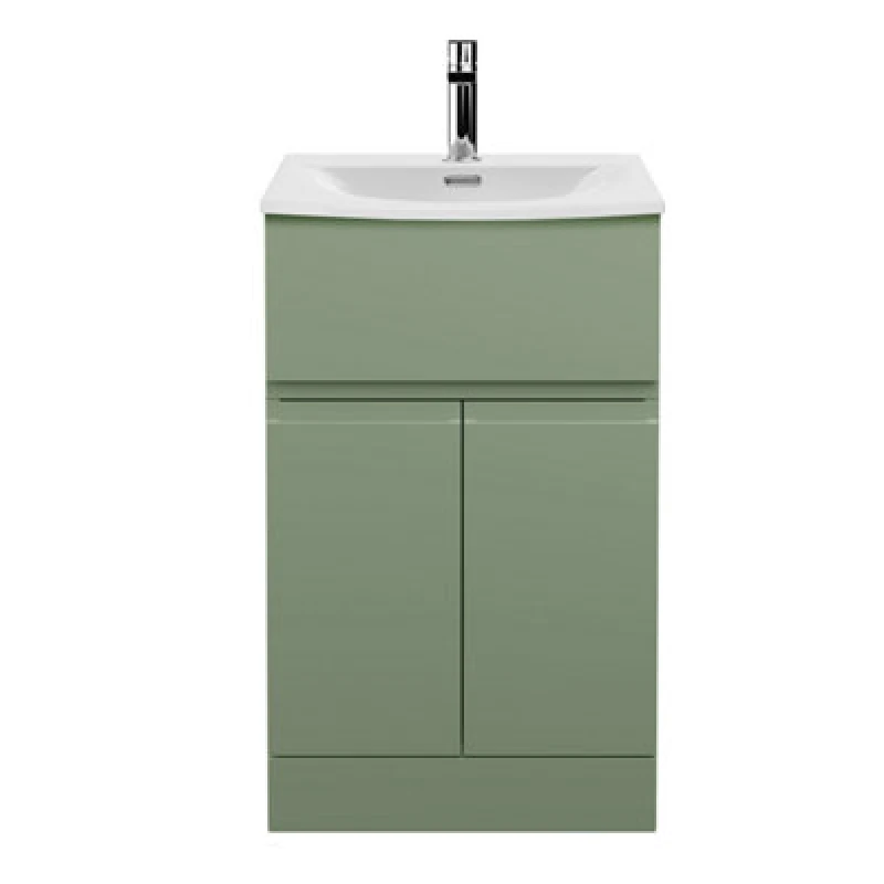 Image of Hudson Reed Urban Floor Standing 2 Door 1 Drawer Vanity Unit With Curved Basin, Durable Modern Vanity Unit In Satin Green, 500mm
