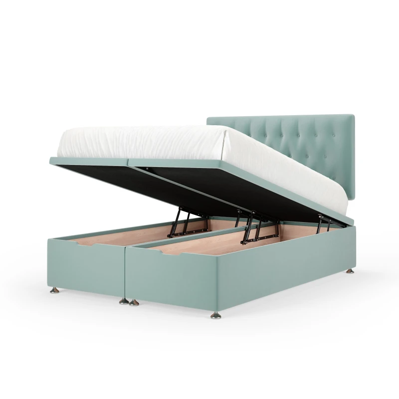 Image of Bedmaster Bedmaster Plush Velvet Ottoman Divan Base And Button Headboard in Duck Egg Blue Size: Double Duck Egg Blue Double Unisex 7867870275937