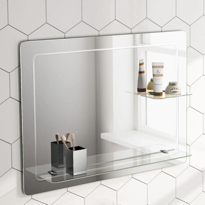 Image of NES HOME Lawrence 800 x 600 Round Corner Mirror with Double Glass Shelf MIR-F8060SF
